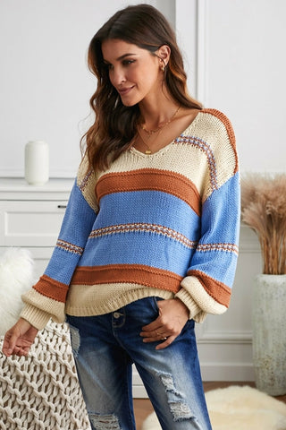 Khaki V-neck Knitted Lantern Sleeve Pullover Sweater